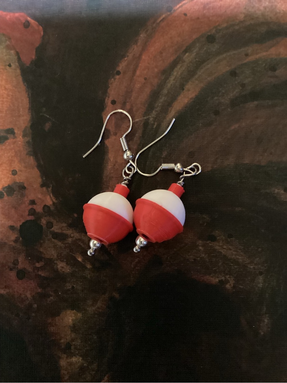 Red and White fishing bobber earrings with Silver Hooks
